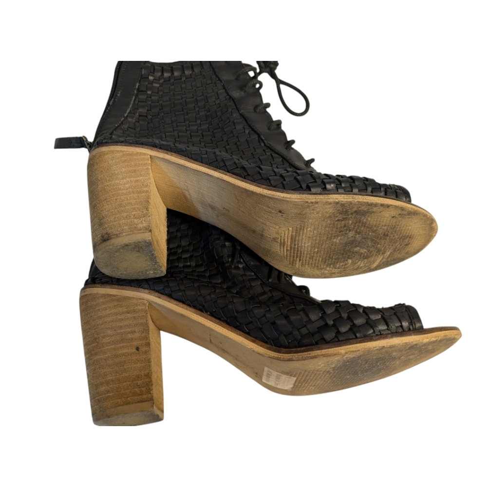 Rebels Black Woven Leather Lace Up Open Toe Bohemian Heels / Booties SZ 8 - Picture 4 of 5